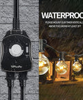 Dual Grounded Outdoor Timer Outlet With 24 Hour Mechanical Dial And Repeating On Off Schedule For Pool Pump And Outdoor Lights Waterproof Heavy Duty Power Timer 15 Amp 0.5 HP CSA Listed Easy Pin Dial For Simple Outdoor Use mounted vertically in rain with string lights.