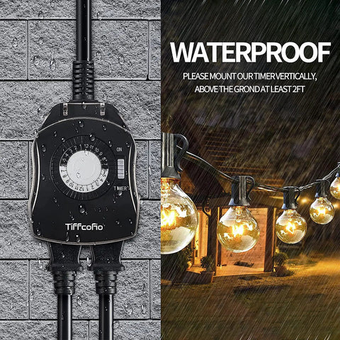 Dual Grounded Outdoor Timer Outlet With 24 Hour Mechanical Dial And Repeating On Off Schedule For Pool Pump And Outdoor Lights Waterproof Heavy Duty Power Timer 15 Amp 0.5 HP CSA Listed Easy Pin Dial For Simple Outdoor Use mounted vertically in rain with string lights.