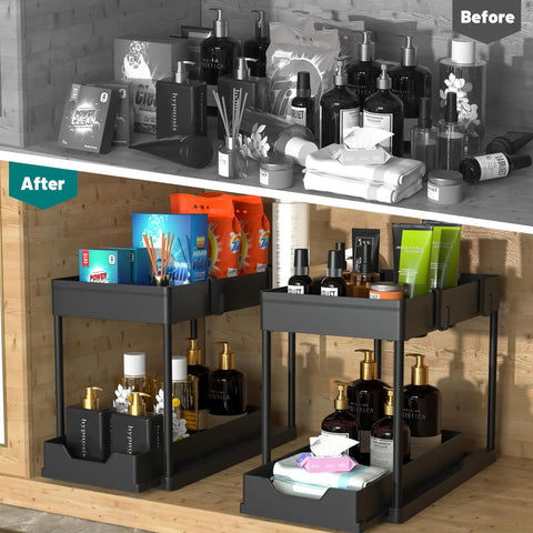 Heavy Duty Black Under Sink Organizer 2 Pack with Smooth Glide Sliding Drawers for Bathroom Cabinet, showcasing organized items.