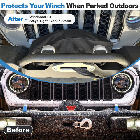 Heavy Duty Winch Cover Waterproof And Dustproof Guards Your Rig From Mud And Rain Tough 600D Oxford Fabric Snaps Tight For Electric Winches 8500 To 17500 Pounds Trail Ready Gear Black