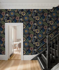 Slay Your Walls With This Dope Blue Boho Wallpaper Peel And Stick Vintage Floral Pattern Removable Self Adhesive Vinyl Roll For Bedroom Bathroom DIY Refresh Smooth Operator Vibes Upgrade Game on stairwell wall.