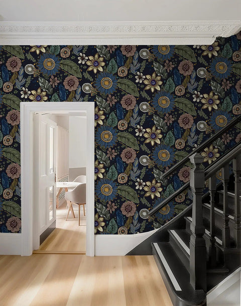 Slay Your Walls With This Dope Blue Boho Wallpaper Peel And Stick Vintage Floral Pattern Removable Self Adhesive Vinyl Roll For Bedroom Bathroom DIY Refresh Smooth Operator Vibes Upgrade Game on stairwell wall.