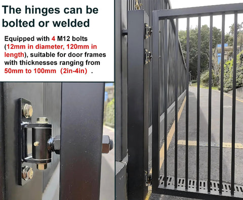 Heavy Duty T Bolt Gate Hinge 700 Lb Beefy Capacity With Built In Ball Bearing For Driveway Gates Farm Gates Barn Doors And Industrial Metal Gates Smooth Quiet Operation No Sagging, black steel gate hinge bolted to metal gate frame