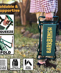 Person carrying foldable Dog Grooming And Bath Bench For Sit Or Kneel Comfort; cushioned seat and handles visible