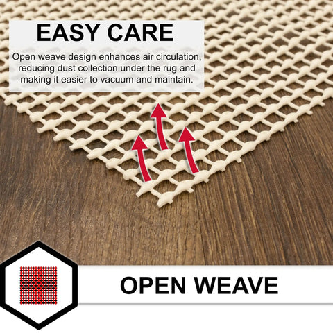 Close-up of non slip rug gripper pad for 2x10 area rugs on hard floors, showing open weave design with easy care features.