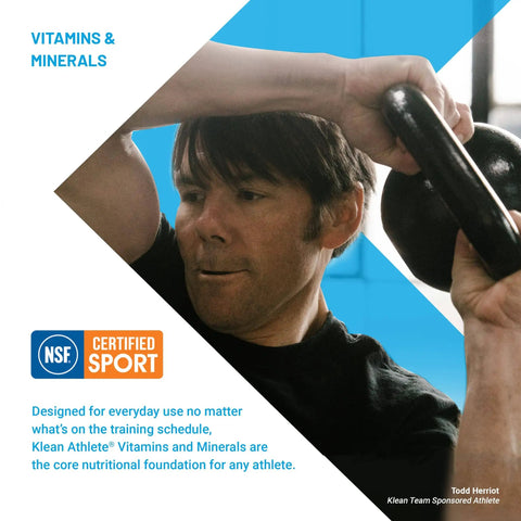 Athlete lifting kettlebell with text about NSF Certified Sport vitamins and minerals for athletic nutrition.