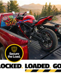 Heavy Duty Retractable Ratchet Straps 4 Pack With Soft Loops And Storage Bag securing motorcycle on truck