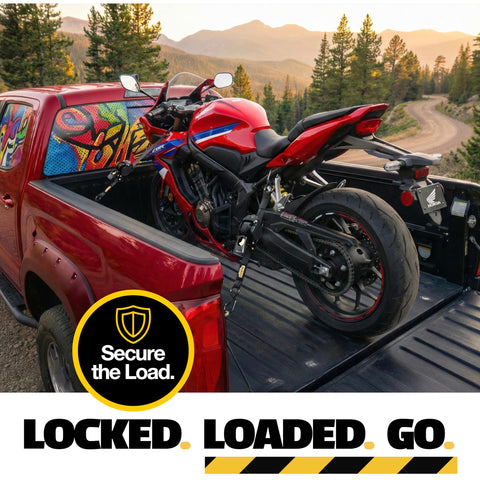 Heavy Duty Retractable Ratchet Straps 4 Pack With Soft Loops And Storage Bag securing motorcycle on truck