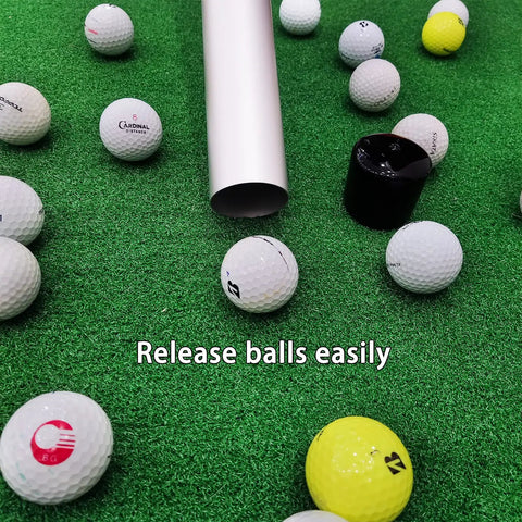 39 Inch Aluminum Golf Ball Picker Tool With Quick Tube Release on grass with scattered golf balls