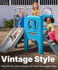 Children playing on a Vintage Style Outdoor Kids Playset With Climber And Slide For Backyard Adventures Featuring A Climbing Wall.