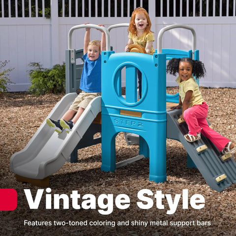 Children playing on a Vintage Style Outdoor Kids Playset With Climber And Slide For Backyard Adventures Featuring A Climbing Wall.