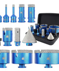 Heavy Duty Diamond Core Drill Bit Set That Runs Cool And Cuts Clean Through Porcelain Tile Ceramic Marble Granite Brick And Concrete Without Any Drama Or Waiting Around, 9-piece set with blue drill bits and case.