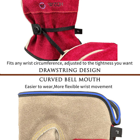 Womens Leather Work Gloves X Large For Gardening Welding Construction Chainsaw Farm Ranch Utility With Cowhide Leather And Cotton Lining Durable Rugged Grip Rose Red Gray; drawstring design and curved bell mouth detail
