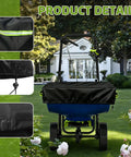 Built Tough Heavy Duty 600D Waterproof Broadcast Spreader Cover For 85-100 Lb Fertilizer Seed Salt Spreaders Universal Lawn Rain Guard With Elastic Hem And Reflective Handles 26 By 26 By 10 Inches, close-up of cover on spreader in garden.