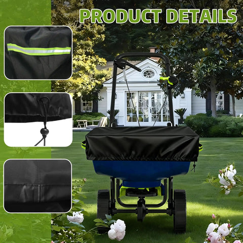 Built Tough Heavy Duty 600D Waterproof Broadcast Spreader Cover For 85-100 Lb Fertilizer Seed Salt Spreaders Universal Lawn Rain Guard With Elastic Hem And Reflective Handles 26 By 26 By 10 Inches, close-up of cover on spreader in garden.