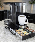 Rolling Mini Black Finish K Cup Drawer Organizer For Under Coffee Pot Storage 24 Pod Pack Holder on kitchen counter
