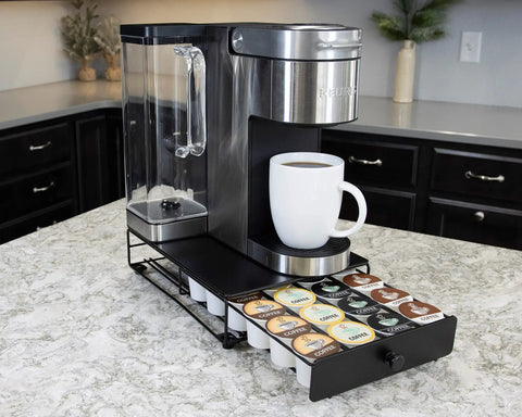 Rolling Mini Black Finish K Cup Drawer Organizer For Under Coffee Pot Storage 24 Pod Pack Holder on kitchen counter