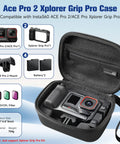 Open Hard Shell Travel Case For Insta360 Ace Pro 2 Xplore Grip Pro Bundle showing storage compartments and camera gear