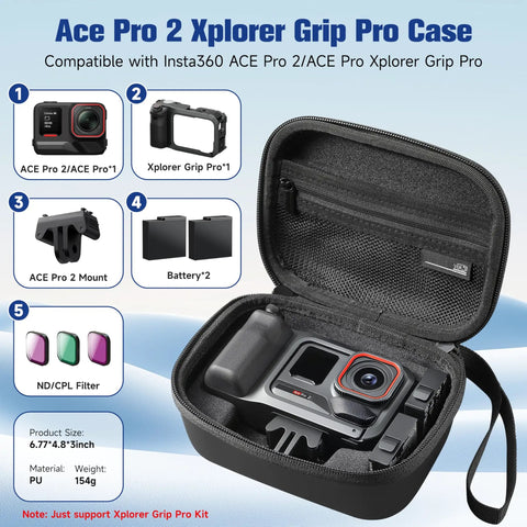Open Hard Shell Travel Case For Insta360 Ace Pro 2 Xplore Grip Pro Bundle showing storage compartments and camera gear
