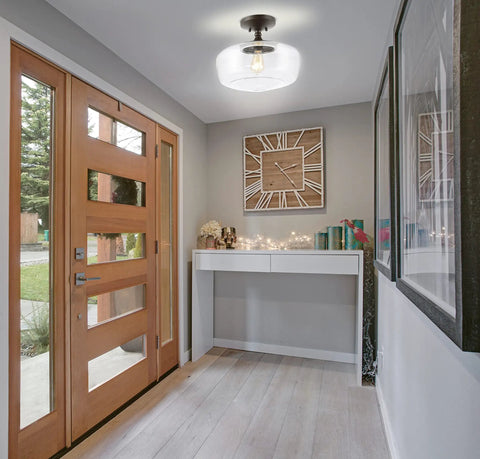 Dope Oil Rubbed Bronze Modern Farmhouse LED Flush Mount Light With Clear Glass Shade in a modern hallway setting