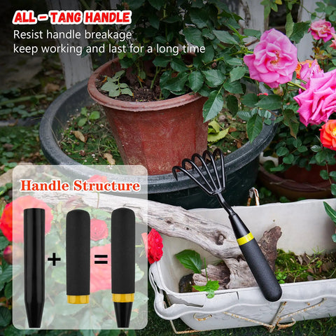 Five Claw Hand Rake And Weeder Cultivator with ergonomic handle near flower pots in garden