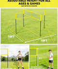 Four Square Volleyball Game Set With 4 Way Cross Net For Backyard And Beach Portable Outdoor Volleyball And Badminton Combo Net For Four Players Includes Carrying Bag, shown with dimensions and adjustable height in a grassy area.