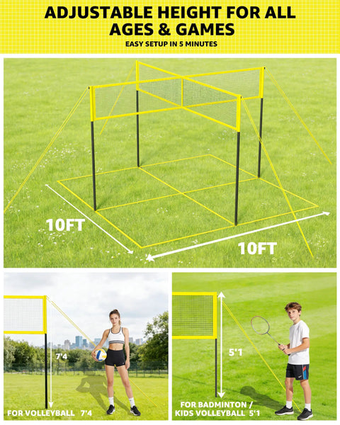 Four Square Volleyball Game Set With 4 Way Cross Net For Backyard And Beach Portable Outdoor Volleyball And Badminton Combo Net For Four Players Includes Carrying Bag, shown with dimensions and adjustable height in a grassy area.