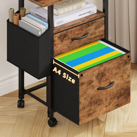 A 2 Drawer File Cabinet With 24 Inch Extended Desktop On Wheels Mobile Rolling Filing Cabinet With Fabric Drawers Fits A4 And Letter Size Printer Stand For Your Home Office Setup Light Brown showing drawers open with files