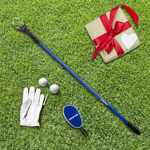 Telescoping Golf Ball Retriever With 12 To 15 Foot Reach, stainless locking head, aluminum shaft and accessories on grass