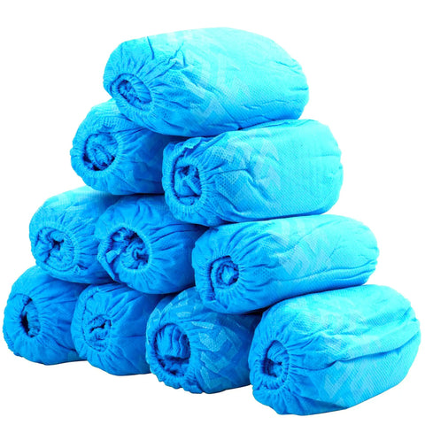 Heavy Duty Waterproof Disposable Shoe Covers With Elastic Band And Non Slip Silicone Sole For Floor Protection Blue XL 100 Pack Fits Men Size 11 And Women Size 13 stacked