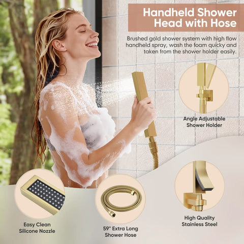 Slick Brushed Gold Shower System Featuring Wall Mounted Rainfall Head And Adjustable Body Spray Jets, Includes Durable Tub Spout, Hassle Free Plumbing Setup, Premium Fixtures For Your Bathroom Glow Up