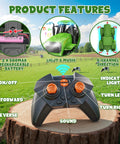 Features of Awesome Realistic RC Farm Tractor Toy With Front Loader And Trailer, including remote control and battery details.