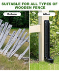 Before and after installation of Beefy Heavy Duty Fence Post Repair Kit With One-Piece Steel Anchor And Stakes For Fixing Tilted Wood Posts