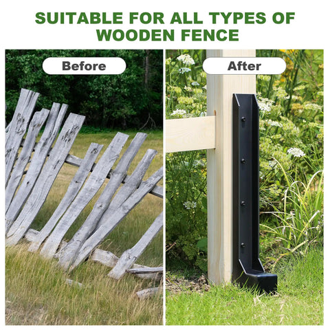 Before and after installation of Beefy Heavy Duty Fence Post Repair Kit With One-Piece Steel Anchor And Stakes For Fixing Tilted Wood Posts