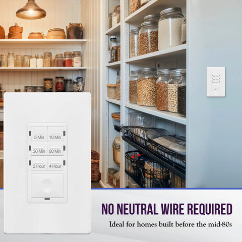 No Neutral Wire Countdown Timer Switch With No Fuss 4 Hour Cycle And 5 10 30 60 Minute Settings in kitchen storage area