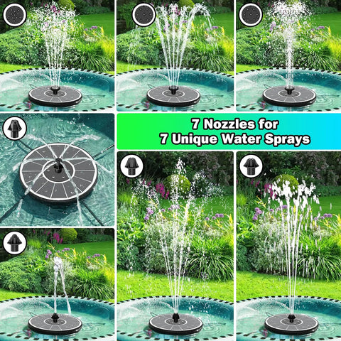 Sun Powered 3.5W Glass Solar Fountain with 7 nozzles for diverse spray patterns in a garden setting.