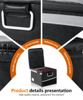 Fireproof Waterproof Document Box with lock, collapsible file organizer, black, featuring zippers, handle, and mesh pocket