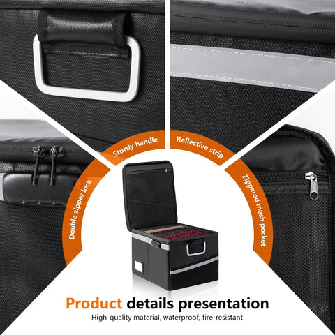 Fireproof Waterproof Document Box with lock, collapsible file organizer, black, featuring zippers, handle, and mesh pocket