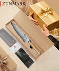 Eight Inch Damascus Steel Chef Knife With A Smooth Olive Wood Handle And Razor Sharp 10Cr15CoMoV Core in a gift box.