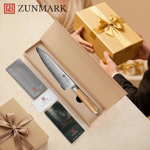 Eight Inch Damascus Steel Chef Knife With A Smooth Olive Wood Handle And Razor Sharp 10Cr15CoMoV Core in a gift box.