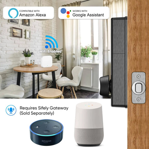 Keyless Deadbolt Smart Door Lock For Front Door With Code And Fob Access App Control Auto Lock Easy Install Weatherproof Ideal For Airbnb Hosts And Homeowners, installed on a wooden door, with smart home compatibility icons.