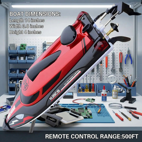 14 Inch RC Boat With Sick Speed Remote Control Boat For Kids And Adults 23 Plus MPH Water Toy on workbench in workshop.