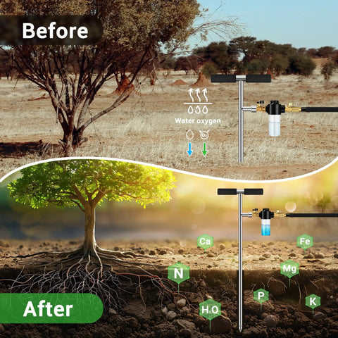 Deep Root Watering Spike For Trees With Fertilizer Bottle Stainless Steel Root Feeder Brass Valve in before and after garden scene