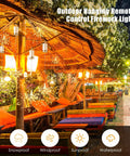 8 Pack Dope Starburst LED Firework Fairy Lights illuminating an outdoor patio with remote control hanging from umbrellas.