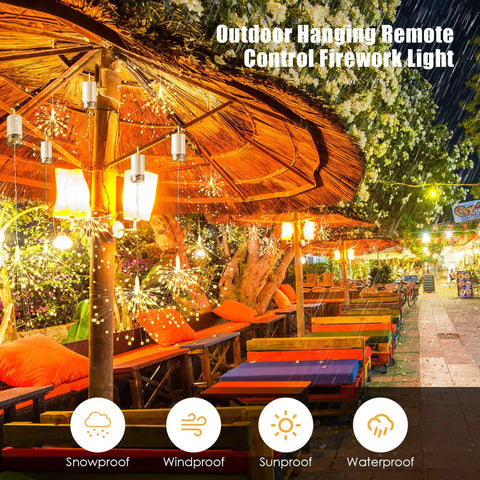8 Pack Dope Starburst LED Firework Fairy Lights illuminating an outdoor patio with remote control hanging from umbrellas.