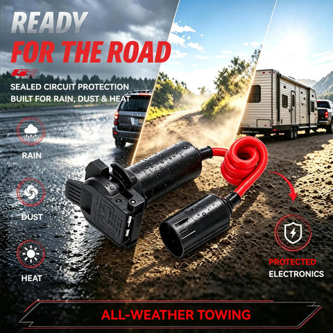 Wireless Bluetooth Trailer Brake Controller With 7 Pin Connector Plug showing sealed connectors for all-weather use.