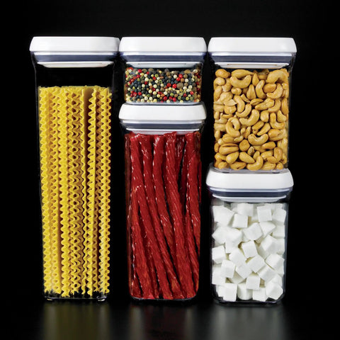 Five-Piece Airtight POP Container Set for Pantry Organization With 2.1 Qt, 1.5 Qt, Two 0.9 Qt, and 0.3 Qt Storage Jars, Easy Push Button Seal