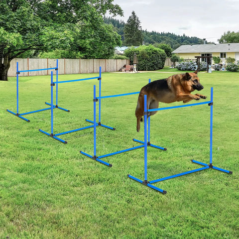 Dog jumping over 4 Piece Dog Agility Jump Set With Adjustable Heights For Versatile Training, ABS Construction, Blue, on grass