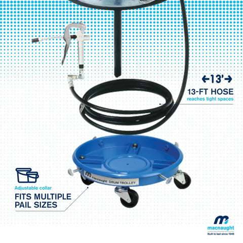 Professional Air Operated Grease Pump For 120 Lb Drums with 13-ft hose and adjustable drum trolley for versatile use.