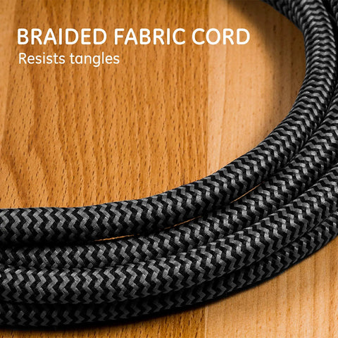 Close-up of black and gray chevron braided cord of Pro Mini 3 Outlet Power Strip With 6 Inch Designer Braided Cord, UL Listed.